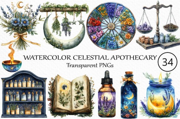 Download Watercolor Celestial Apothecary Clip Art - Celestial Collection
