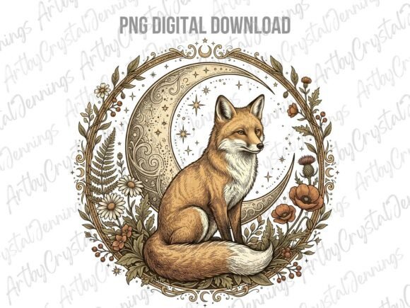 Download Vintage Floral Celestial Fox Moon PNG - Celestial Collection